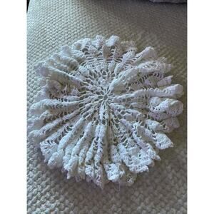 Vintage Hand Crocheted Doily, Flower Design, Round, Cotton, White, Yellow